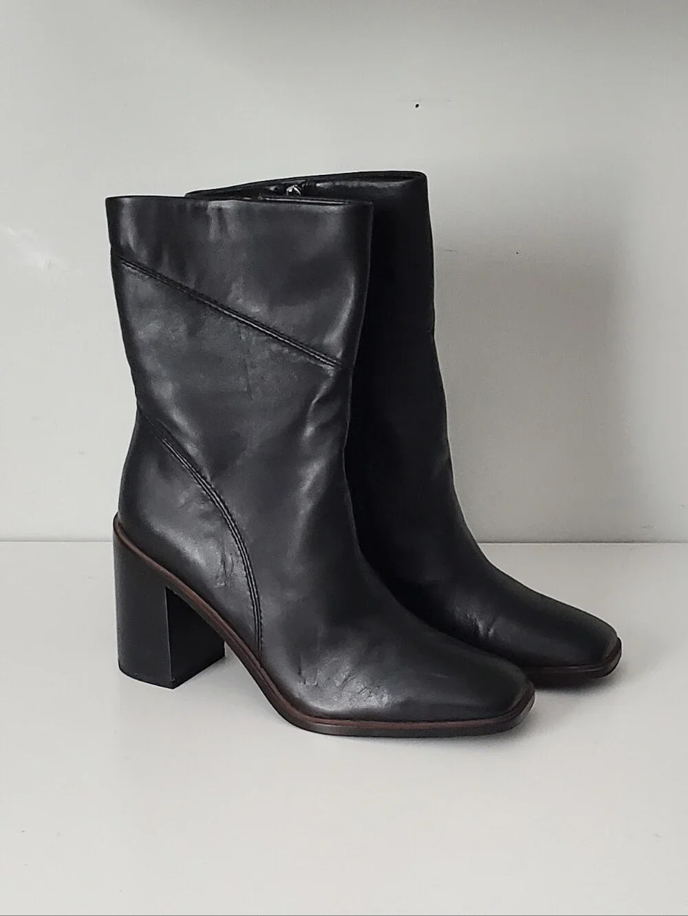 Franco Sarto Black Leather Stevie Block Heel Boots Size 9.5